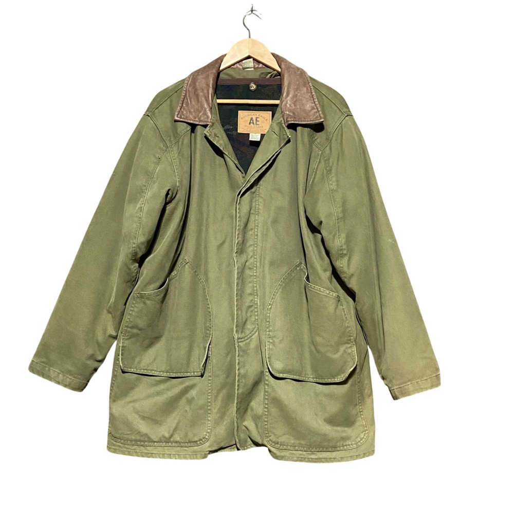 American Eagle Vintage Mens M Barn Coat Cotton Leather Collar Quilted Lining